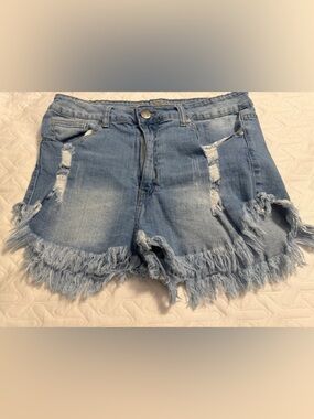 VIP Light Wash Distressed Frayed Denim Shorts